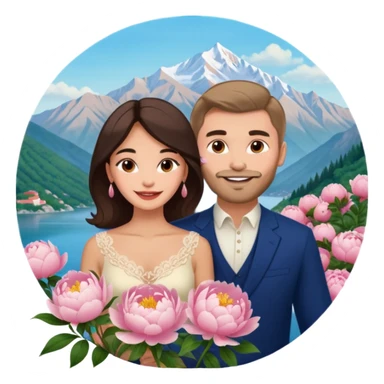 Couple traveling in Montenegro russian man and elegant  Latina girl delicate peonies and mountains in the background  sticker