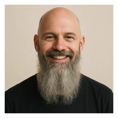 a bald man with a long grey beard, smiling, minimal background sticker