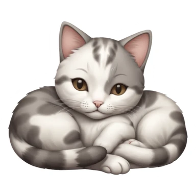 1 grey and white small cat with its eyes closed lying down leaning on its elbow with its paw curled under his head holding it up sticker