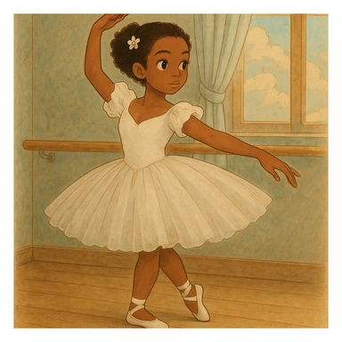 Make her a ballerina with dark skin and curly black hair in Ghibli style illustration. sticker
