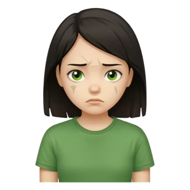 Young girl with straight, dark hair, damaged and unattractive, wearing a green T-shirt, looking sad sticker