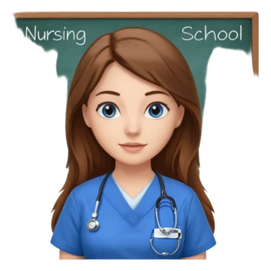 inside a classroom at university that says nursing school on the board with a pretty female nursing student with long brown hair, blue eyes sticker