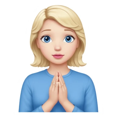 Girl Blonde short wavy hair,  blue eyes, cute blue top, long lashes, pink lips, praying hands sticker