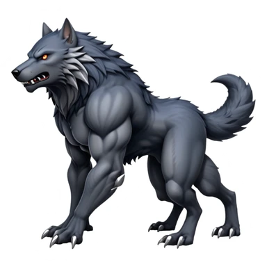 cinematic-noble-fierce-werewolf-full body on all fours-emoji, poised-and-imposing, with a tall, lean, and muscular wolfish frame inspired by the brutal, imposing shape of the beast from Berserk, fur rippling in shades of midnight black and silver, massive paws with razor-sharp claws, elongated limbs and fangs, eyes glowing with an intense, primal ferocity, reflecting the untamed power of the wild moonlit night; rendered with realism like a wolf hunched over battle ready pose ready to attack sticker