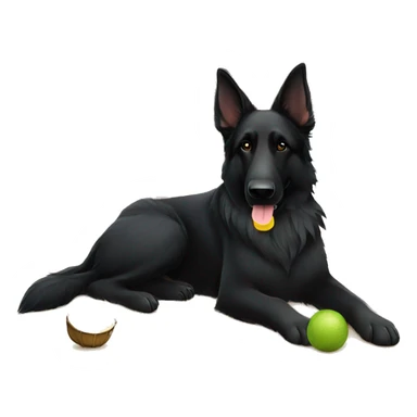 Black long haired german shepherd laying on the beach under a tiki hut with a margarita  sticker