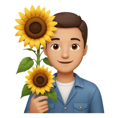 man holding a sunflower portrait, head and shoulders only, gentle smile, sunflower visible in hand, warm positive vibe, 3D cartoon style, mobile game icon style, clean background, no text, no watermark
 sticker