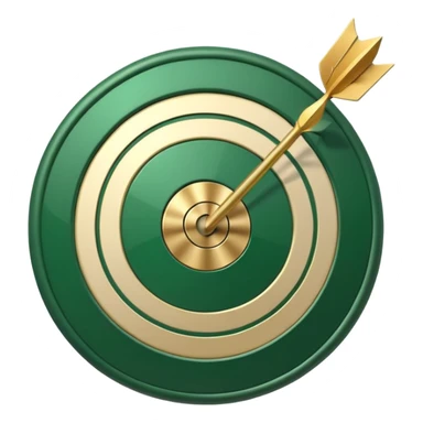 3D target icon with arrow hitting bullseye, modern glossy style, deep green (#0B3D2C) rings, gold (#C9B037) center and arrow, subtle glow, transparent background, premium render sticker