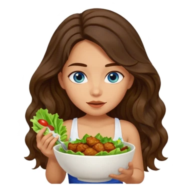 Girl with olive skin, blue eyes, brown dark insanely wavy long hair, white camisole. Eating a bowl of lettuce and chicken sticker
