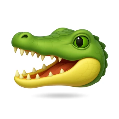 Create a crocodile emoji that looks exactly like the reference image in iOS emoji style. The emoji should be 3D with shiny, smooth gradients, soft shadows, and a realistic crocodile head with green scales and an open mouth, capturing the classic emoji look. Add a soft shadow under the head. sticker