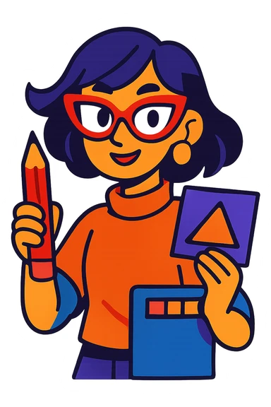 designer girl with medium hair, wearing cat-eyed glasses, vibrant cartoon style, creative sticker