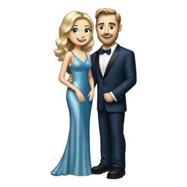 caucasian woman, in long slim pastel blue formal party satin dress with gradient shiny sparkling navy blue diamonds embroidered, full body full figure , and caucasian man in black dres on his knees asks her to marry her sticker