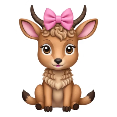 cute gazzelle with curly fur, sitting down, wearing a pink bow on its head. Realistically  sticker
