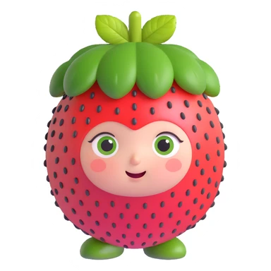 3D super cute strawberry person, chubby round strawberry head, green leaves on top, big shiny eyes, soft pastel colors, tiny seeds on face, only facial expressions sticker
