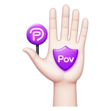 A 3D stylized cartoon hand holding a glowing neon purple sign that says "POV", high contrast, vibrant lighting, clean edges, white background. sticker