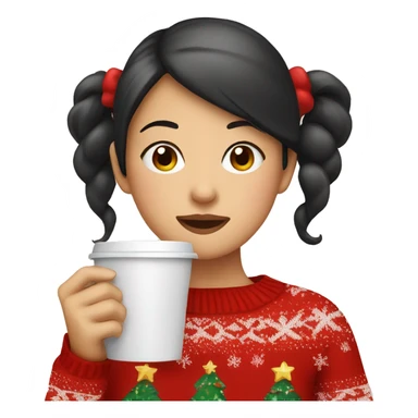 asian girl drinking coffee wearing Christmas sweater sticker
