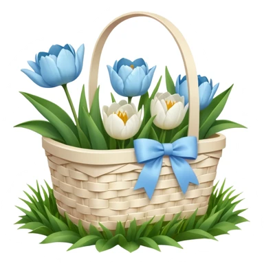A white Picnic basket with pastel blue bow, white peonie, tulips sticker