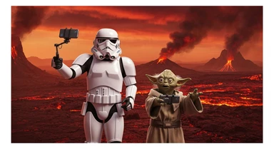 Starwars stormtroopers vlogging selfie, he is walking on lava planet with yoda sticker