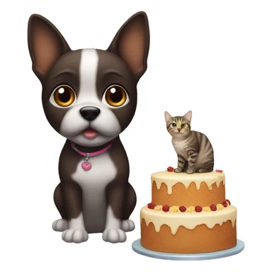 different pets are sitting nearby, there is a cake in front of them sticker