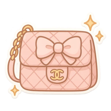 a cute and exaggerated chibi stickers style Chanel purse with a bow and sparkles sticker