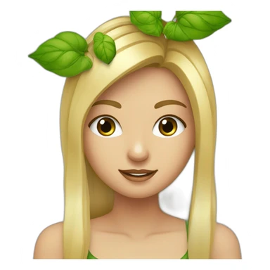 un chica cataña rubia de ojos verdes de piel blanca pasando una computadora cerca de plantas. sticker