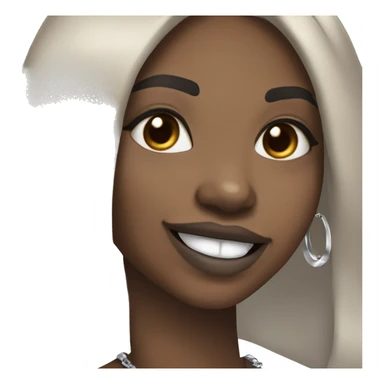 Smiling Black girl with long black straight hair and light brown lipstick with silver hoop earrings and and a silver necklace  sticker