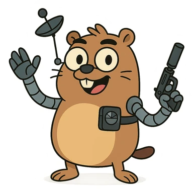 cheerful gopher with robotic arms and spy gadgets, animated look, cartoon style sticker