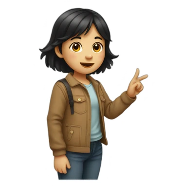small girl with dark hair pointing her finger up from behind sticker