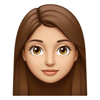 emoji style face of a woman with long straight brown hair, brown eyes, thick eyelashes, light olive skin tone, slightly smiling sticker