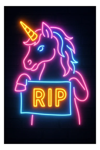 neon unicorn holding a RIP banner, retro 80s neon sign style, glowing effect, dark backdrop sticker