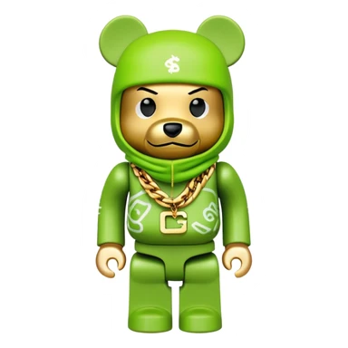 bearbrick toy with cubic head wearing a lime green balaclava covered in multiple brand logos graffiti style, with thick gold chains around neck, gold jewelry, aggressive eyebrows sticker