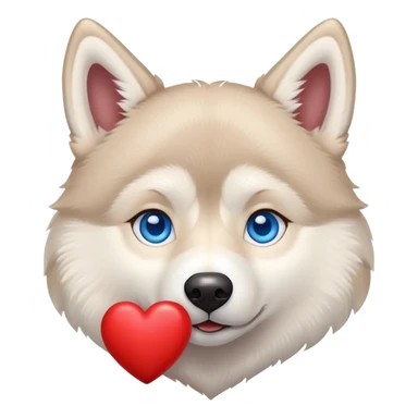 Beige husky with blue eyes holding a big heart sticker