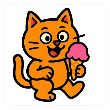 cartoonish cat with an ice cream cone, vibrant cartoon style sticker