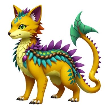 Kawaii cute reddish orangish yellowish greenish purplish exotic tribal beautiful pretty elegant divine edgy feline-vernid-sergal-Fakémon-Pokémon-Digimon-fursona-animal-creature with accessories, jewelries, full body, with intricate detailed markings, furs, fins, scales, spiny sticker