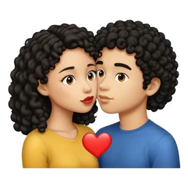 a light skin girl with medium black curly hair and a light brown boy with medium length black hair kissing emoji sticker