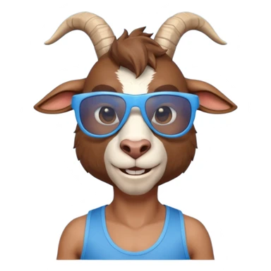 3D cartoon goat man portrait, head and shoulders, brown fur, small horns, blue reflective sunglasses, slight smile, tank top, soft lighting, centered, clean background, no text, no watermark
 sticker