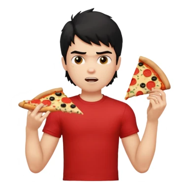 generate a pretty fair bratz boy with a messy mullet (black hair), wearing a red tshirt. eating pizza. He has big biceps sticker
