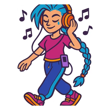 Jinx from Arcane in everyday life, sportswear, listening to music with headphones, vibrant toon style sticker