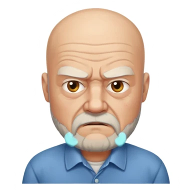 a portrait of angry elderly man, bald head, beard, wearing shirt sticker