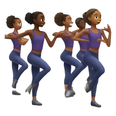 A group of 10 teen dancers rehearsing their dance in front of the mirror in a dance class sticker