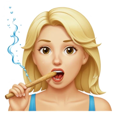 blond woman biting a wide skin-tone stick with a bite mark, water jet shooting from the stick into her mouth, surprised look sticker