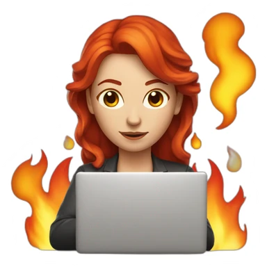 developer red hair woman with a laptop and a huge fire sticker