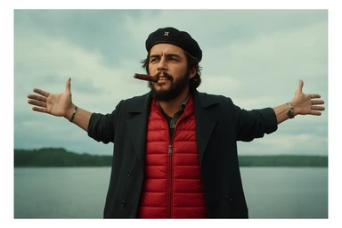 Сгенерируй мне в такой же позе и в такой же одежде Че Гевара и с сигарой в зубах, без надписей и слов sticker