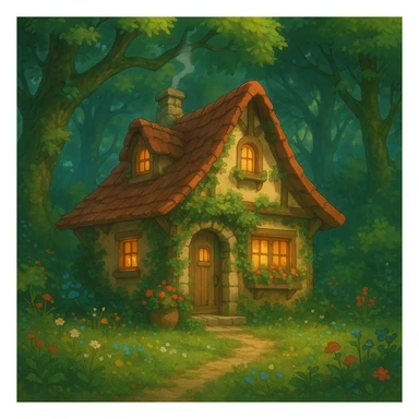 cozy cottage in a magical forest sticker