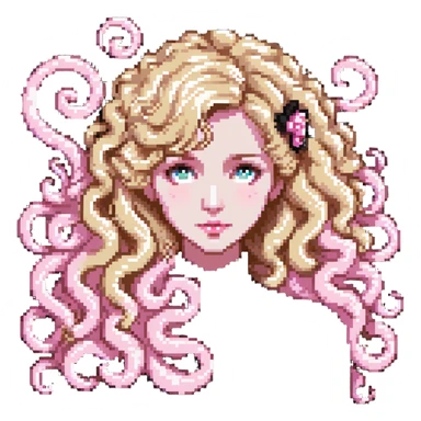 pale girl with curly medium-length blonde hair and baby pink swirls sticker