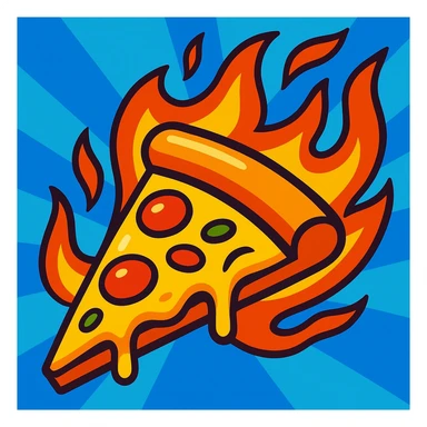 pizza slice with flames, energetic illustration, vibrant and dynamic, bold colorful cartoon style sticker