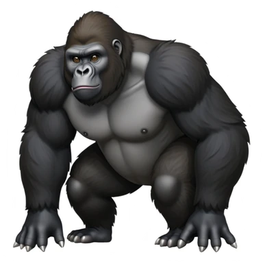 cinematic-friendly gorilla-realistic-full-body-crouched on all fours-emoji,-broad-and-powerful-frame-poised-with-confidence,-massive-arms-hanging-slightly-forward,-head-tilted-thoughtfully,-thick-black-fur,-deep-dark-eyes-full-of-intelligence,-simplified-yet-realistic sticker