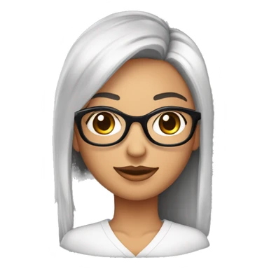 Mulher de pele parda com cabelo médio, preto, sobrancelhas grossas, olhos brilhantes, óculos, boca rosada, olhos castanhos, duas covinhas, blusa de gola alta preta   sticker