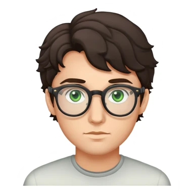 young man with dark slightly curled hair wearing glasses with green eyes sticker