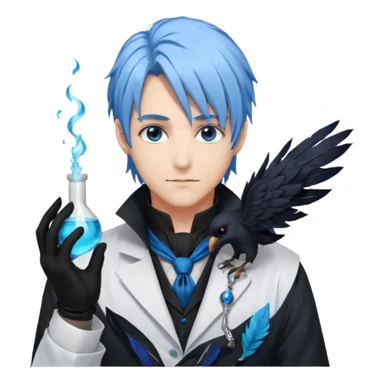 Alchemist handsome anime man with light-blue beautiful hair, handsome sexy, long hair tendril bangs down on the sides, white lab coat, blue cravat, black feathers on shoulder, raven companion, black gloves, red eyes sticker