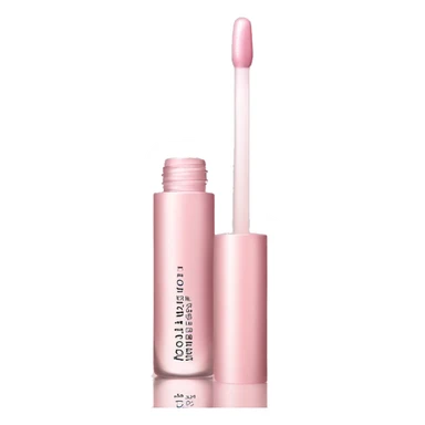 , pastel pink lip oil bottle with a subtle shimmer, giving off a luxurious and hydrating vibe. The bottle is slightly translucent with a soft pink hue sticker